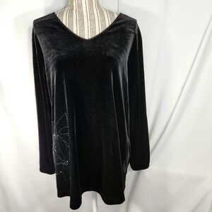 Jaclyn Smith Black Velour Long Sleeve V Neck Bead Floral Accent Top Plus Size 1X